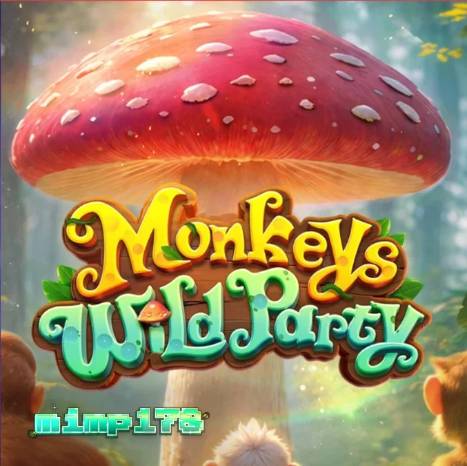 Tampilan visual permainan slot Monkeys Wild Party dengan tema hutan dan monyet